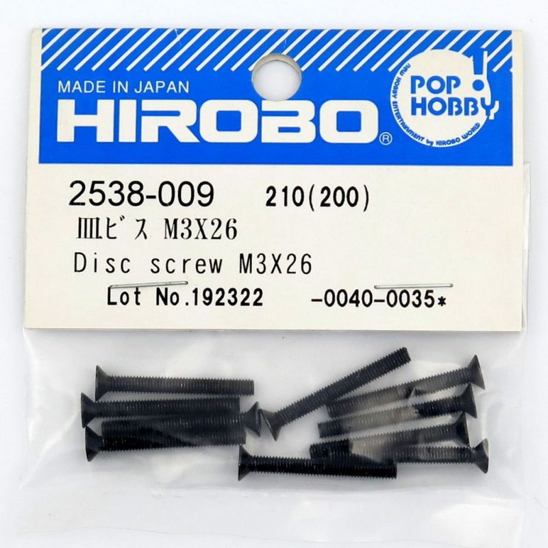 HIROBO 2538-009 PHILIPS COUNTERSINK DISK SCREW M3 X 26 10PCS #2538009