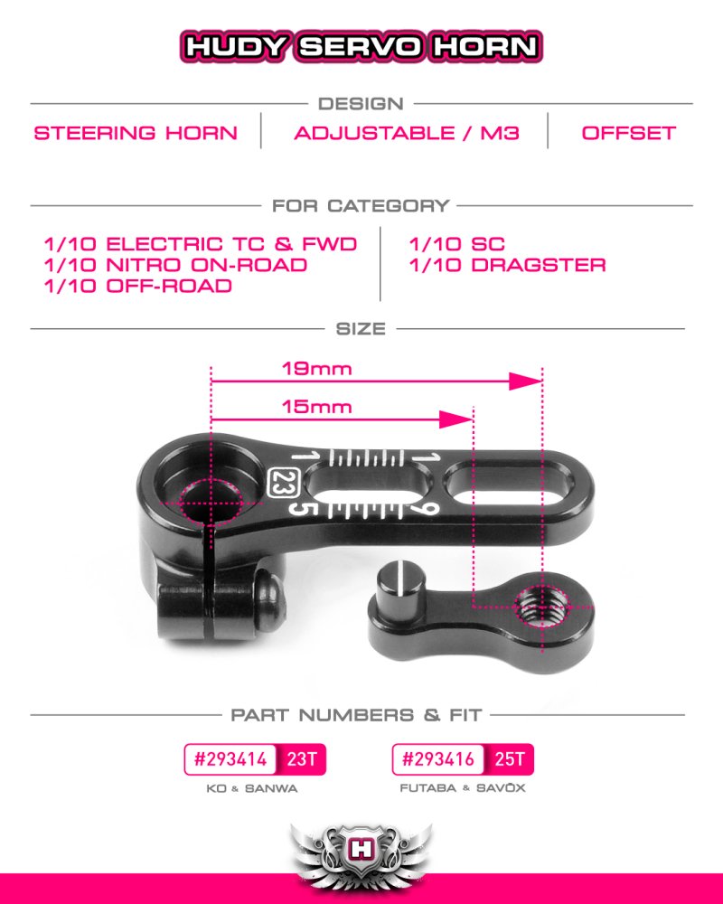 HUDY 293414 - Aluminium Adjustable Clamp Steering Servo Horn - KO PROPO, Sanwa - 23T