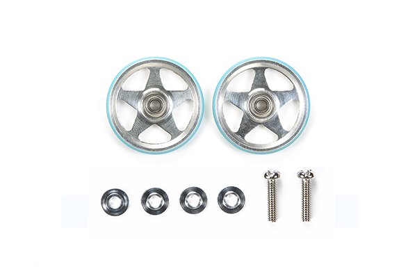 Tamiya 95397 - 19mm Aluminum 5 Spoke Rollers with Plastic Rings (Light Blue)