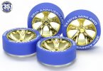 Tamiya 95098 - Blue Tires with Gold Plated A-Spoke Wheels 35th Anniversary Tamiya 95098 - Blue Tires with Gold Plated A-Spoke Wheels 35th Anniversary